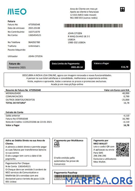 Blank Portugal MEO utility bill template in Word and PDF format, fully editable